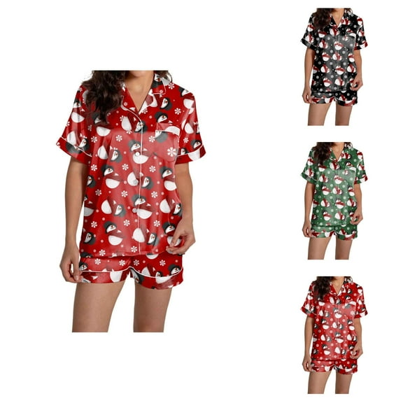 Plus Size Pajamas for Women – Soft 2 Piece Sets & Lounge Wear Women's Casual Christmas Print Pajama Set Silk Satin Short Sleeve Button Up Top And Shorts Set
