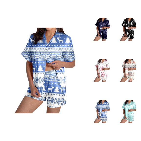 Plus Size Pajamas – Women's Loungewear Sets & Cotton Pajama Sets Ladies' Fashionable Casual Reindeer Snowflake Christmas Tree Christmas Snowman Print Silk Satin Short Sleeved Button Up Pajamas Set