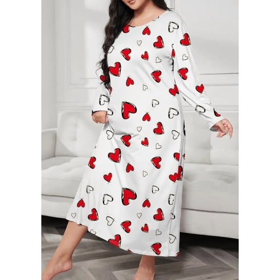Plus Size Pajamas for Women Crew Neck Long Sleeve Casual Print Sleep Dress Nightgown Sleepwear