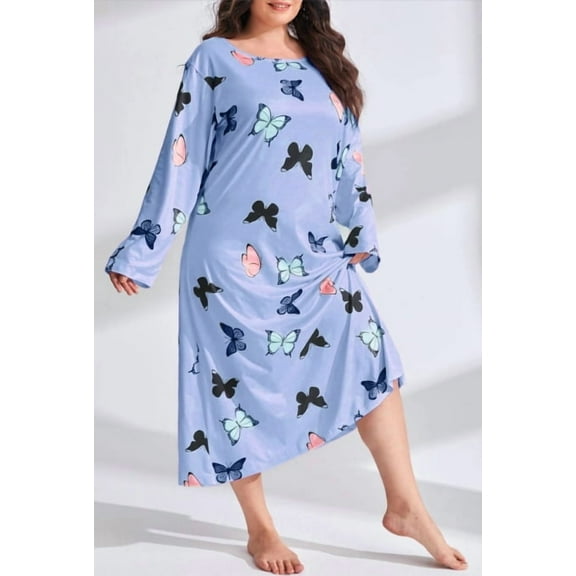 Plus Size Pajamas for Women Crew Neck Long Sleeve Casual Print Sleep Dress Nightgown Sleepwear