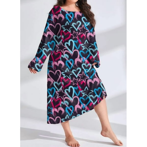Plus Size Pajamas for Women Crew Neck Long Sleeve Casual Print Sleep Dress Nightgown Sleepwear