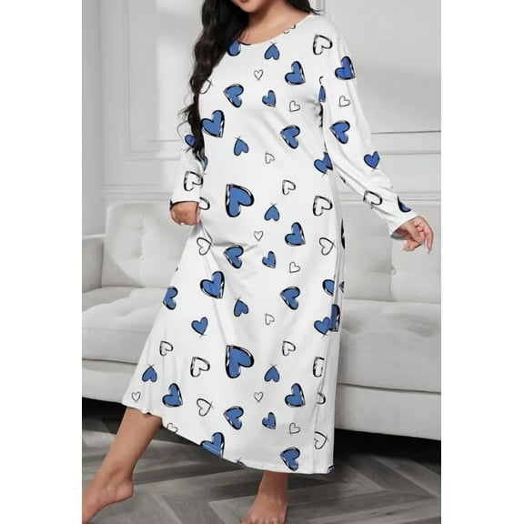 Plus Size Pajamas for Women Crew Neck Long Sleeve Casual Print Sleep Dress Nightgown Sleepwear