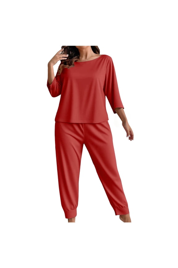 Plus Size Pajamas for Women Set, 3/4 Lenght Sleeve Crew Neck Straight Leg Pants Pajama Sets Loungewear