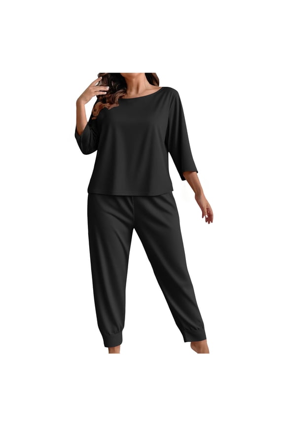 Plus Size Pajamas for Women Set, 3/4 Lenght Sleeve Crew Neck Straight Leg Pants Pajama Sets Loungewear