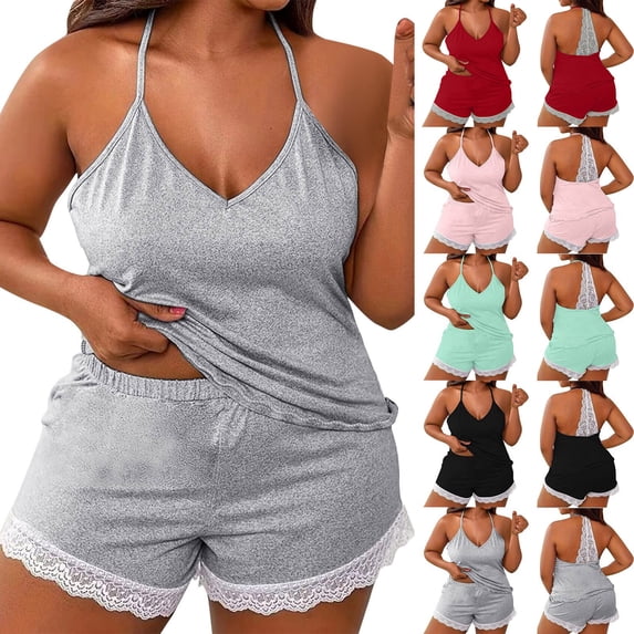 Plus Size Pajamas for Women Set Lace Sleeveless Top & Shorts 2 Piece Sleepwear Sets Comfortable Party Green Size 2XL