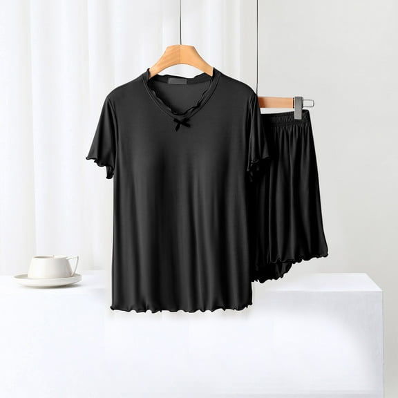 uublik Plus Size Pajamas for Women Set Short Sleeve Sleepwear Tops with Bra Pads and Shorts 2 Piece Loungewear Sets Black, M