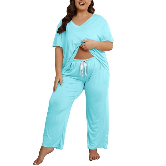 Plus Size Pajamas for Women Set, Womens Plus Size Short Sleeve V Neck Wide Leg Pants Pajama Sets with Pockets