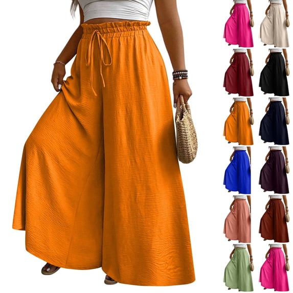 Plus Size Palazzo Pants Women Flowy Curvy Pants Drawstring Wide Leg Pants Summer Beach Travel Trousers Orange 5XL