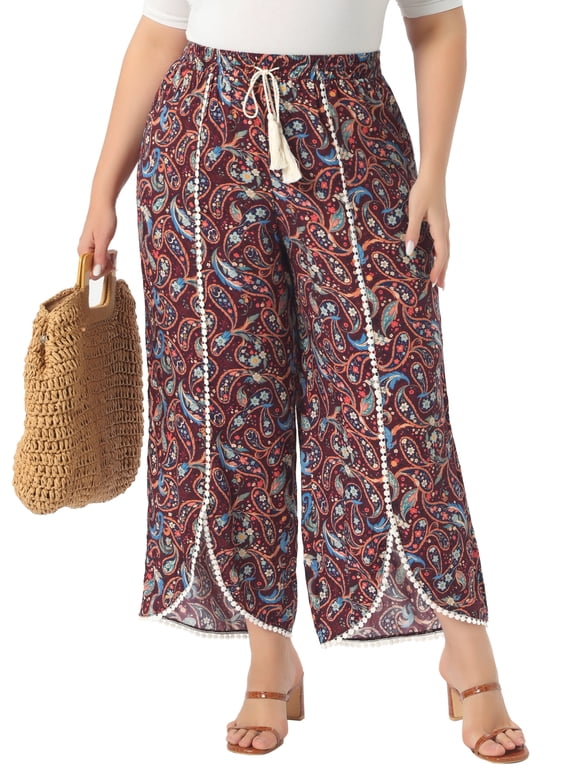 Women's Plus Size Pant Split Elastic Waist Flowy Striped Wide Leg Pants 4X Brown Red