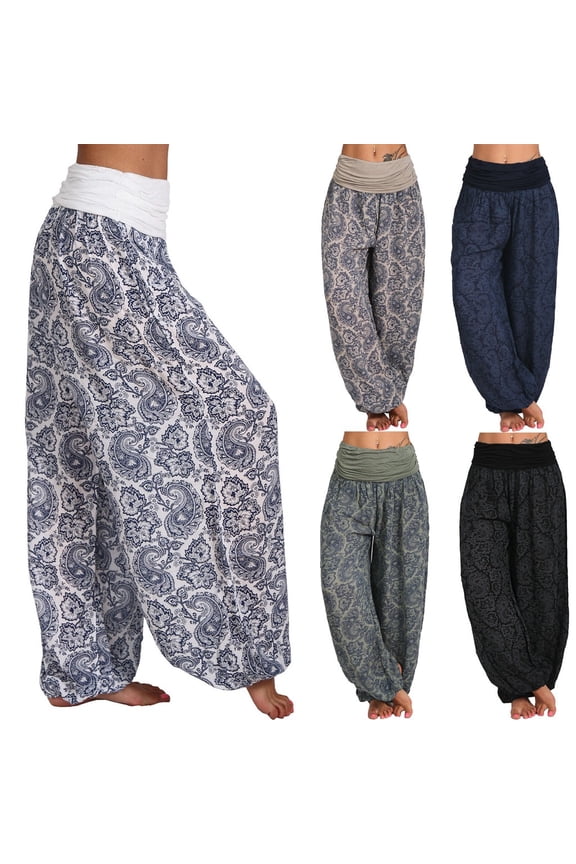 Plus Size Pants Boho Casual Pants Women Button Harem Loose Leg Pants Pocket Wide Print Women Casual Pants Red XXXXXL