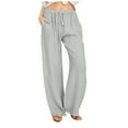 thumbnail image 1 of Plus Size Pants Women Solid Cotton Linen Drawstring Elastic Waist Long Wide Leg Pants, 1 of 6