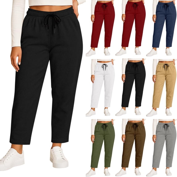 Plus Size Pants Cotton Womens Wide Leg Pants Solid Color Elastic Waist Sports Casual Pants Womens Pants with Pockets Black-L