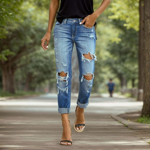 Plus Size Pants Curvy Women Plus Size Baggy Relaxed Stretchy Distressed Denim Capris Casual Pants Women's Casual Pants Blue L