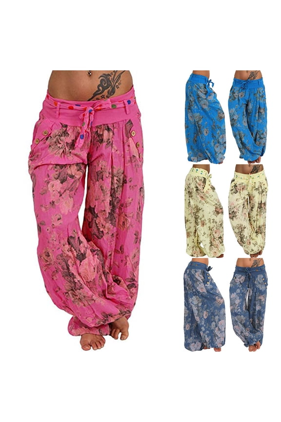 Plus Size Pants Curvy Women Plus Size Pants Women Pocket Pants Loose Printed Wide Leg Women's Casual Pants Yellow L