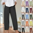 thumbnail image 1 of Plus Size Pants Curvy Women Solid Color Elastic Waist Straight Leg Linen Ankle Pants With Pocket Women Casual Pants Purple XXXXXL, 1 of 6