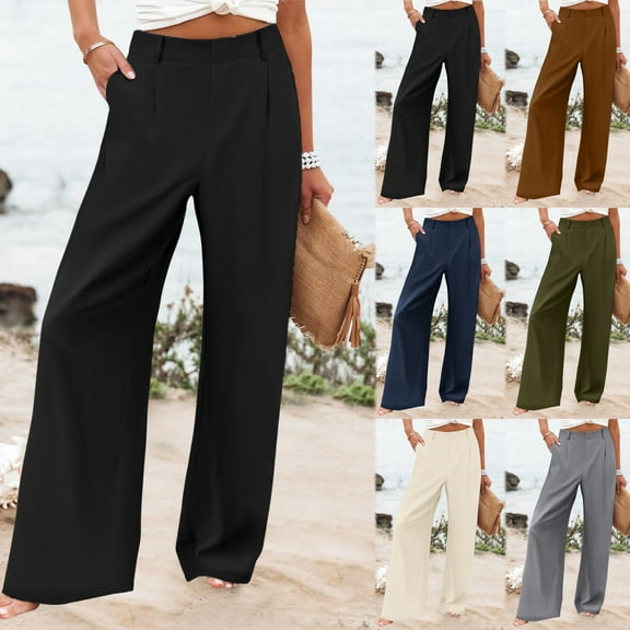 Plus Size Pants Curvy Women Solid Elastic Waist Straight Wide Leg Solid Slacks With Pockets Women's Casual Pants Army Green L