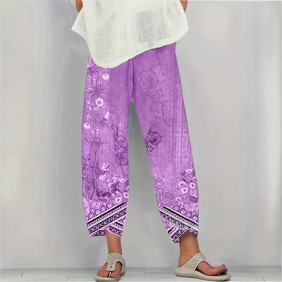 Plus Size Pants For Women Elastic Waist Wide Leg Print Trousers Oversized Baggy Casual Comfy Relax Outfits (4XL, Purple)