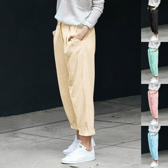 Plus Size Pants High Waist Ankle Length Plus Size Solid Capri Pants With Pockets Women Casual Pants Beige L