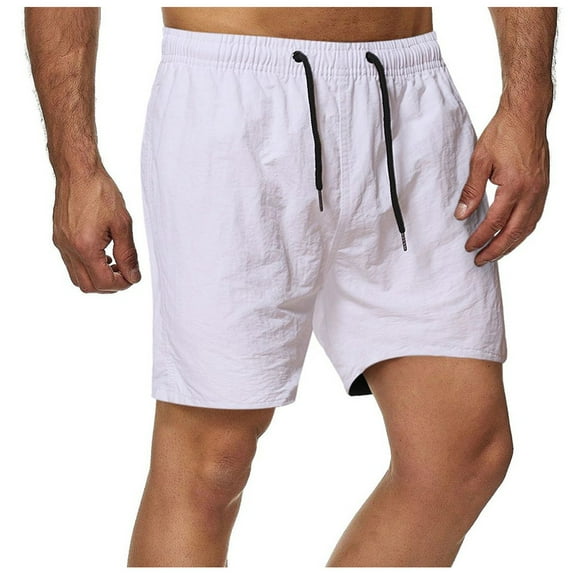 Plus Size Pants Man Solid Elastic Waist Mid Waist Loose Pockets Bandage Short Pants White 6(M)