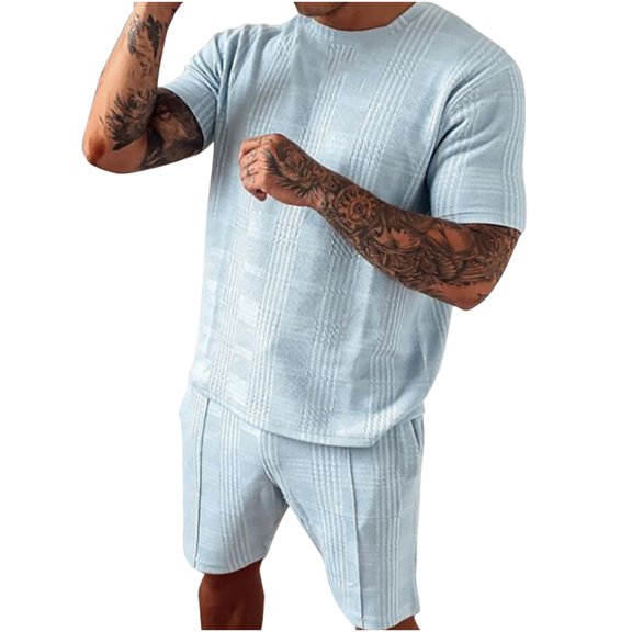 Plus Size Pants Men's Short-sleeved Shorts Two-piece Sports and Leisure Suit Light blue 14(XXXL)
