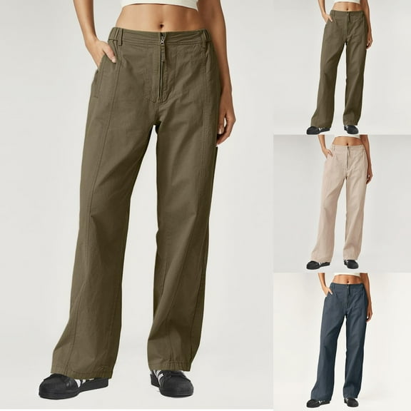 Plus Size Pants Solid Straight Wide Leg Chino Pants With Pocket Plus Size Relaxed Fit Casual Pants Women Summer Beige S