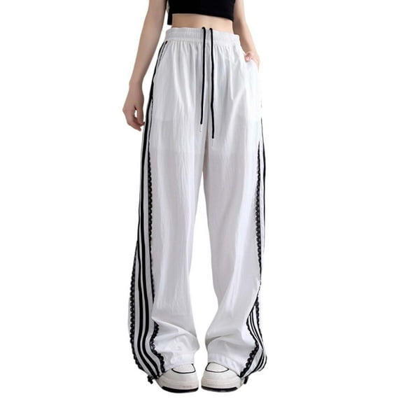 Plus Size Pants Women Lace Tape Vertical Stripe Straight Leg Sport Pants High Waist Drop Waist Casual Wide Trousers White S