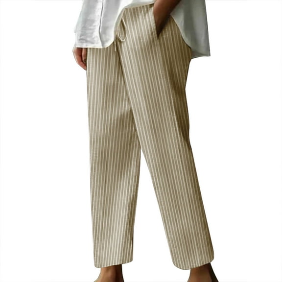 Plus Size Pants Women Linen Pants Home Wear Striped Solid Lightweight Spring Summer Trousers Relaxed Fit Khaki XXXL
