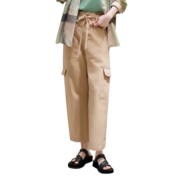 Plus Size Pants Women Solid Color Cargo Trousers High Waist Drawstring Wide Leg Cuffed Slim Fit With Pocket Lightweight Khaki M