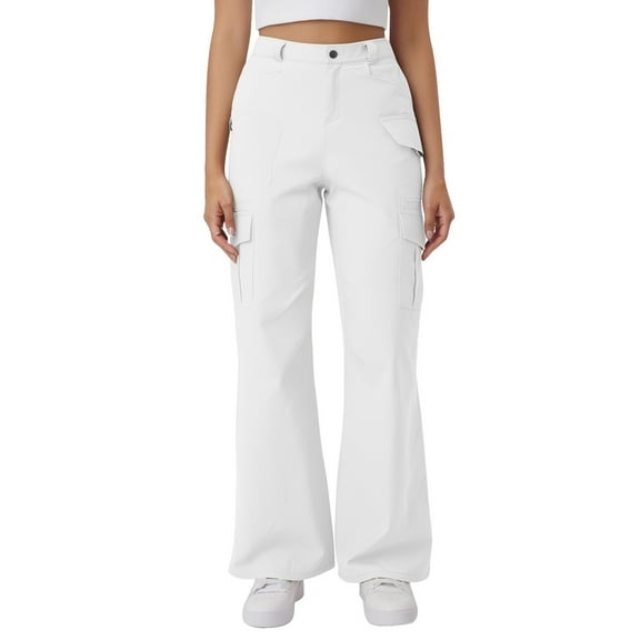 Plus Size Pants Women Solid Color Casual Trousers Multi Pocket Loose Drawstring Cargo Pant Breathable Lightweight White S