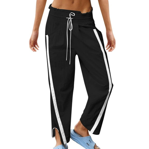 Plus Size Pants Women Trendy Loose Quick Dry Drawstring Color Block Trousers Side Stripe Pocket Casual Lightweight Black XXL
