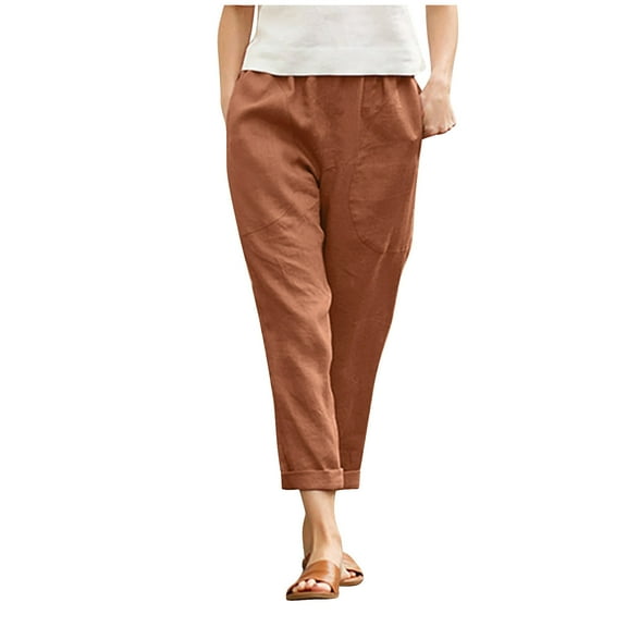 Plus Size Pants Women White Linen Pants Tightness Trousers Pocket Casual Plus Size Pants Women Summer Pants Coffee XXXL