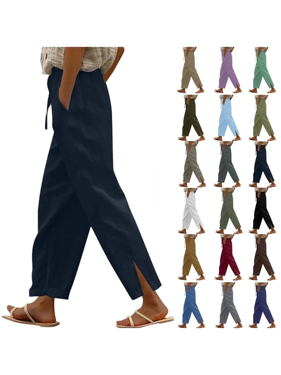 Plus Size Pants for Women Casual Cotton Pants Lightweight Comfy Pants Drawstring Elastic Waist Pants with Pockets