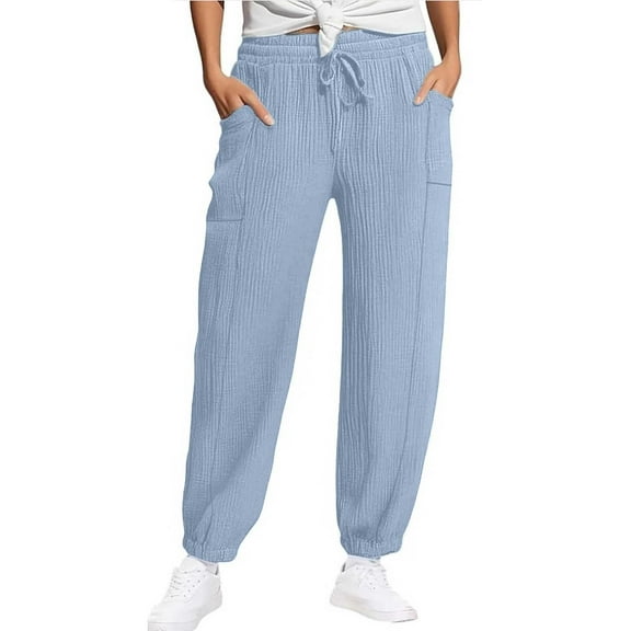 Plus Size Pants for Women Casual Solid Color Trousers With Drawstring Waist Pocket Sporty Ankle Cuff Breathable Fit Blue XL