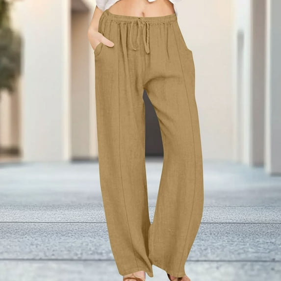 Plus Size Pants for Women Cotton Elastic Waist Summer Solid Color High Waisted with Pockets Women's Casual Yoga Pants