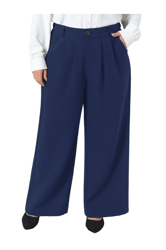 Plus Size Pants for Women High Elastic Waisted Business Work Trousers Long Straight Suit Pants with Pockets 2X Navy Blue