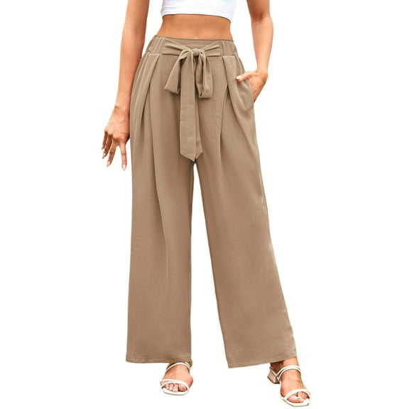 Plus Size Pants for Women High Waist Trousers With Tie Elastic Waist Pocket Loose Wide Straight Leg Breathable Khaki XS