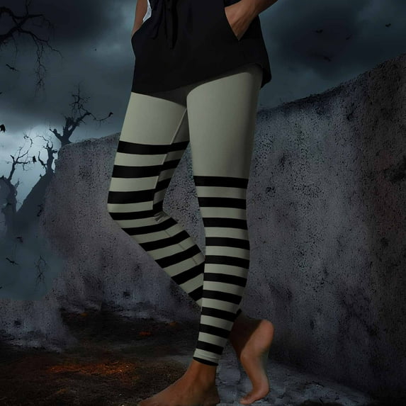 Plus Size Pants for Women New Women's Funny Striped Halloween Tights Ankle Length Leggings High Waisted Stretchy Cute Graphic Yoga Pants Silvery M
