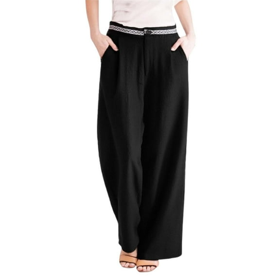 Plus Size Pants for Women Retro Embroidered Breathable Linen Pants Wide Leg Thin Spring Summer Trousers Loose Black XL