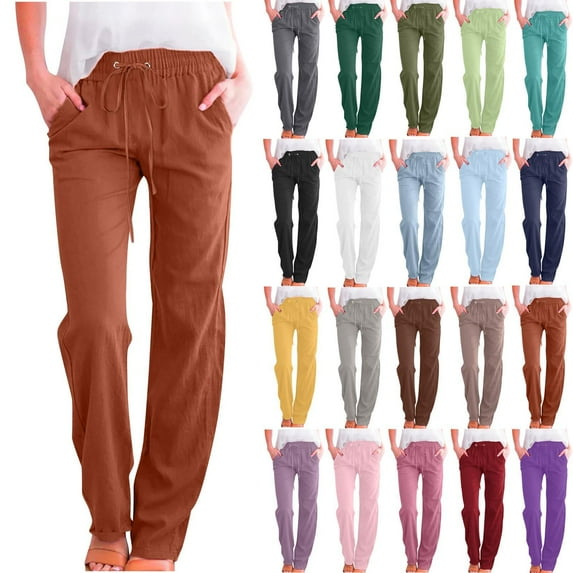 Plus Size Pants for Women Solid Color Drawstring Cotton And Linen Elastic Trousers with Pocket Stretch Casual Jeans Coffee S-5XL