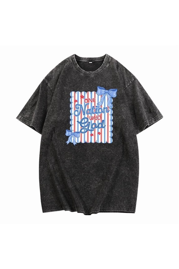 Plus Size Patriotic Graphic Tee - Distressed Wash "One Nation Under God" Print T Shirt with Bow Accents, Short Sleeve T-Shirts (Oversize S-5XL)