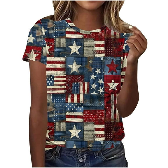 Plus Size Patriotic T-Shirts for Womens Independence Day American Flag Printed T-Shirts Round Neck Tee Short Sleeve Tops 4Th Of July Summer Tops Lounge Breathable Tunics Blouses Going Out Clothes