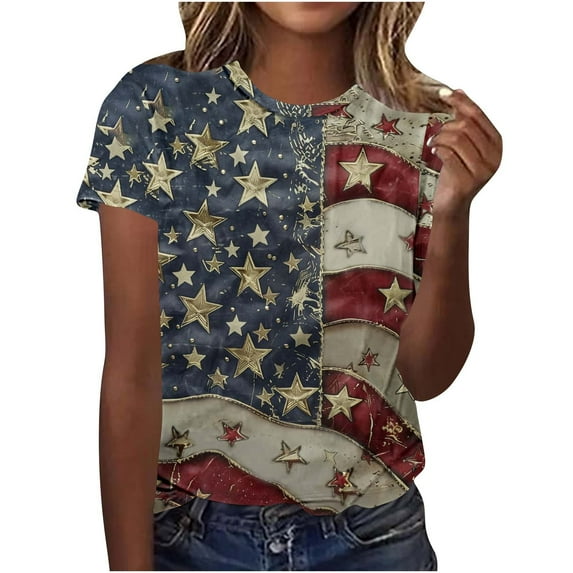 Plus Size Patriotic T-Shirts for Womens Independence Day American Flag Printed T-Shirts Round Neck Tee Short Sleeve Tops 4Th Of July Summer Tops Lounge Breathable Tunics Blouses Going Out Clothes