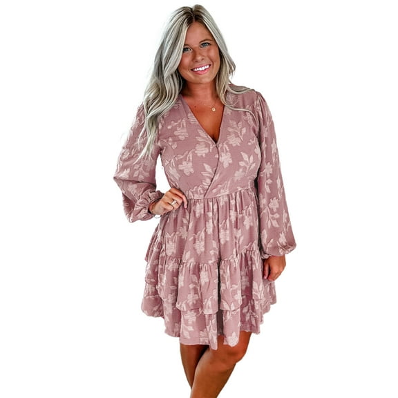 Plus Size Peach Blossom Floral Surplice V Neck Tiered Ruffled Dress for Women - [ZhiHiMeRi] | (US 14W-16W)1X