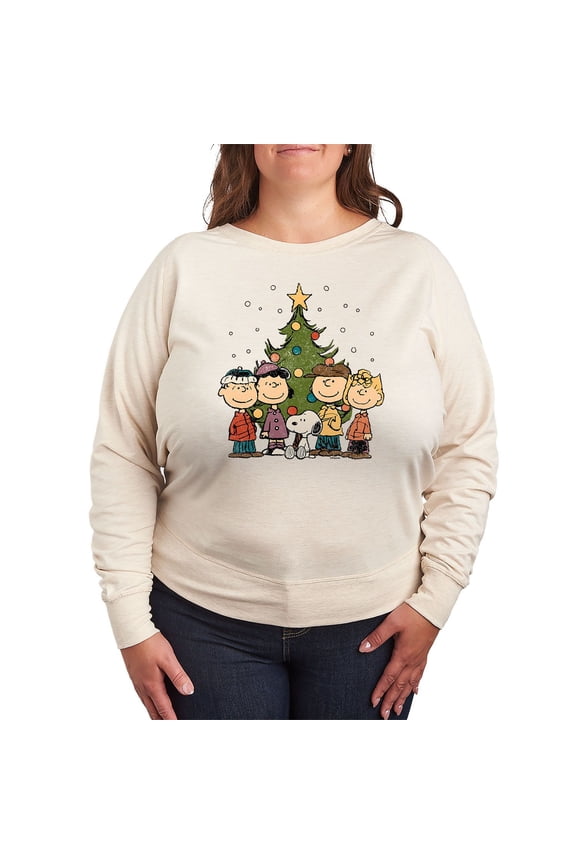 Plus Size Peanuts Christmas Group Lightweight French Terry Sweatshirt Color: Beige Size: 1X