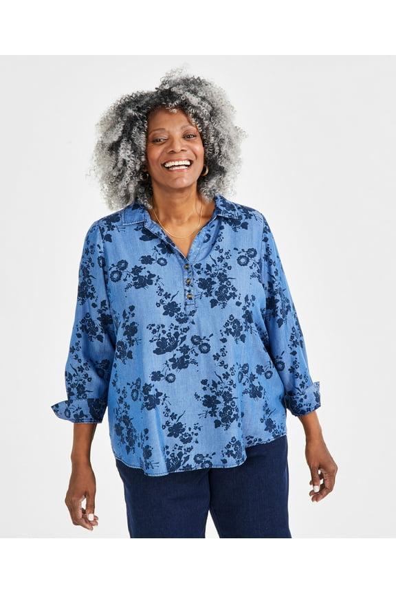 Plus Size Perfect Popover Printed Top Floral Charcoal 1X
