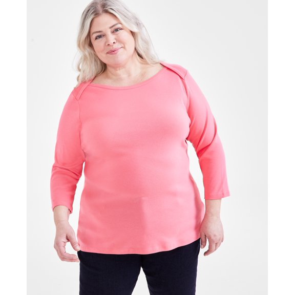 Plus Size Pima Cotton 3/4-Sleeve Top Fresh Coral 3X