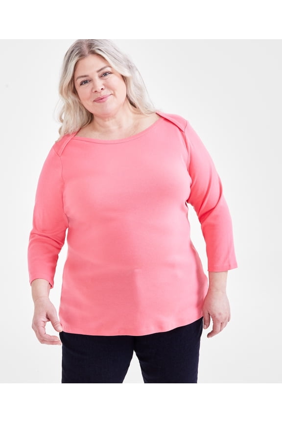 Plus Size Pima Cotton 3/4-Sleeve Top Fresh Coral 3X
