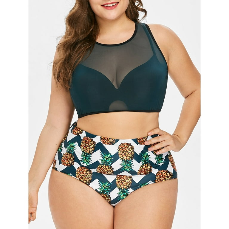 Plus Size Pineapple Print High Waisted Sheer Top Set Tankini Swimsuits For Women