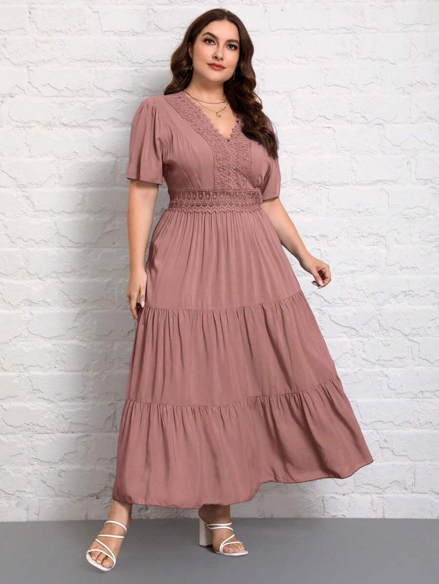 plus boho lace insert maxi dress Boho Style Leisure Vintage Fartey Maxi Dress for Women, V Neck Long Sleeve  Plus Size