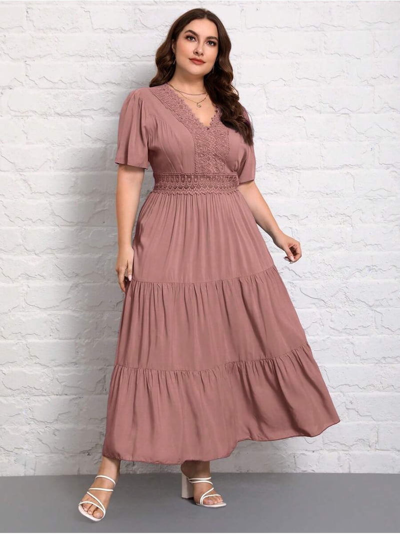 plus boho lace insert maxi dress /// Plus Size Pink V-Neck Short Sleeve Ruched Hem Maxi Dress With Lace Insert Casual Boho Sundress, Women's, Size: 0XL